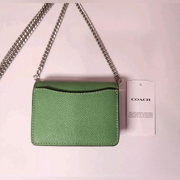 NWOT Coach Mini Wallet On a Chain Soft Green Metallic Crossgrain Leather [sold] - Picture 3 of 4